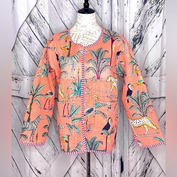 Tropical Boho Jungle Print/Stripes Jacket Quilted Reversible L - Picture 2 of 10